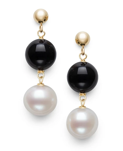 Macy's Freshwater Pearl (7.5-8.5mm), Black Onyx and Gold Bead Earrings in 10k Yellow Gold