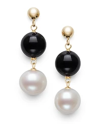 Macy's Freshwater Pearl (7.5-8.5mm), Black Onyx and Gold Bead Earrings in 10k Yellow Gold