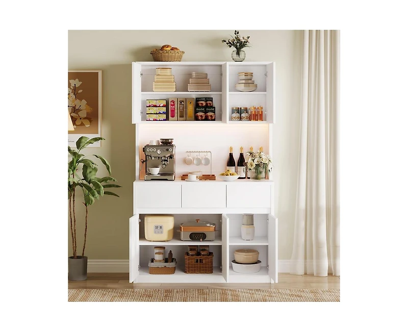 gaomon 71" Tall Kitchen Pantry Cabinet, Kitchen Hutch Storage Cabinet with Led Lights and Power Outlets, Food Pantry Cabinet with Microwave Stand, Adj