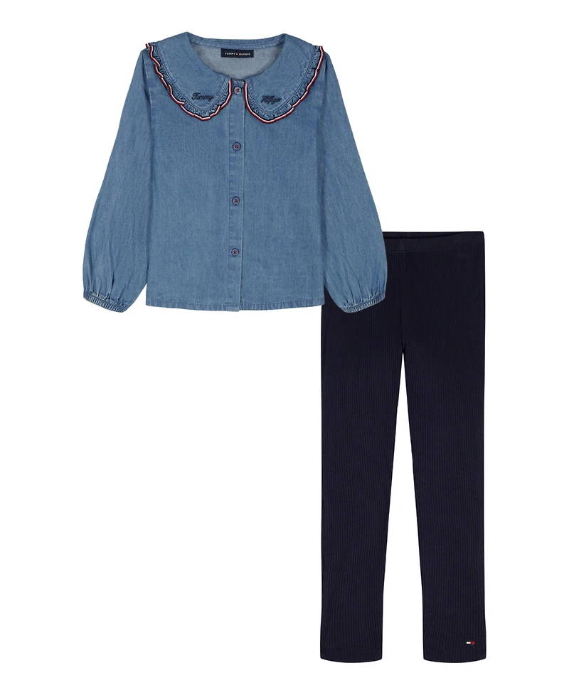 Tommy Hilfiger Girls 4-6X Pan Collar Top and Ribbed Leggings, 2-Piece Set