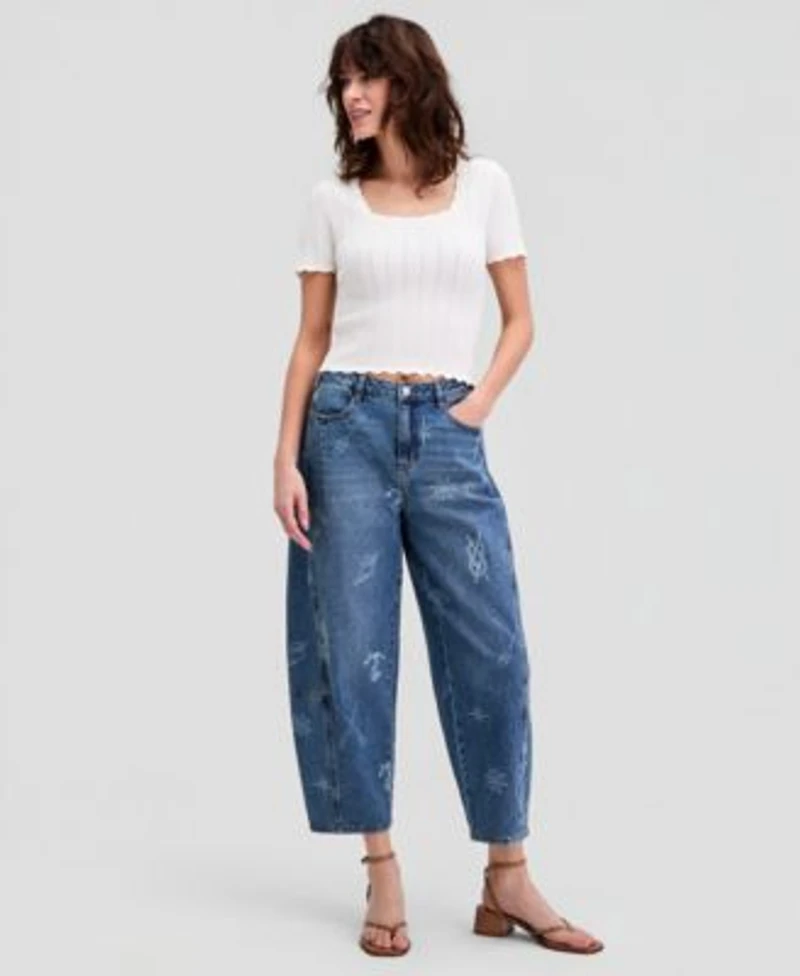 Now This Womens Nautical Print Barrel Leg Jeans Macys Exclusive