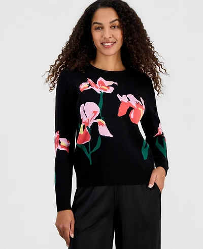 T Tahari Women's Flower Jacquard Crewneck Sweater