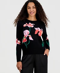 T Tahari Women's Flower Jacquard Crewneck Sweater