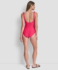 Dkny Ruffle Plunge Underwire Tummy Control One-Piece Swimsuit, Created for Macy's