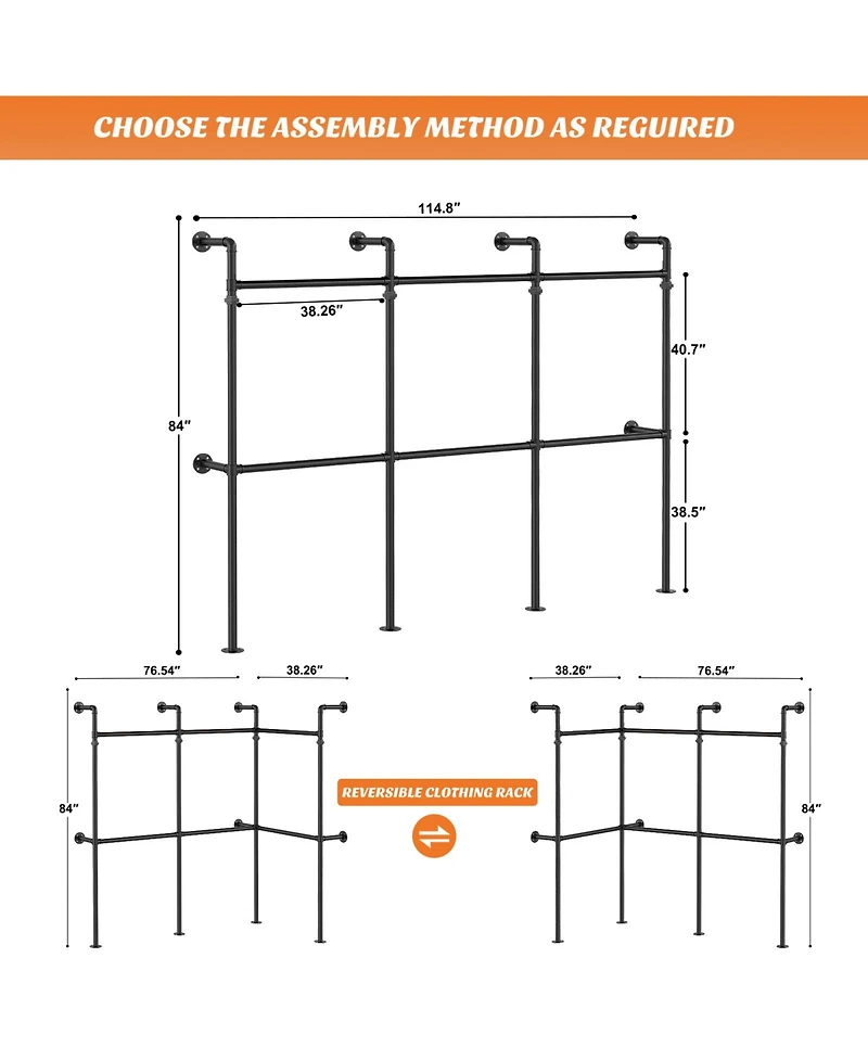 Aheaplus 3.5-13.5 Ft Reversible Wall Mounted Industrial Metal Pipe Clothing Rack for Hanging Clothes
