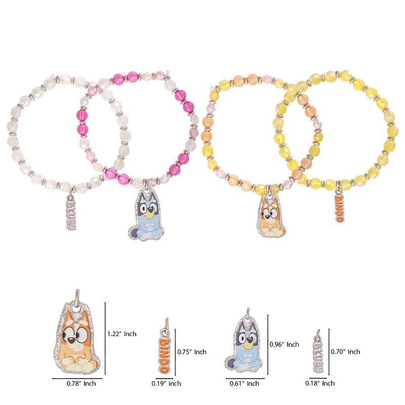 Bluey Beaded Bracelet Set, 4-Pack, Character Charms, Adjustable Stretch