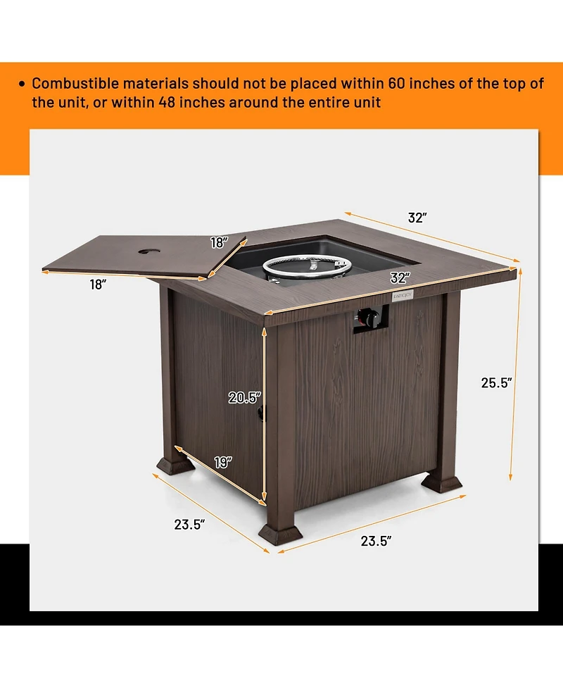 Mecale 32 Inch 50,000 Btu Square Fire Pit Table with Lid and Lava Rocks