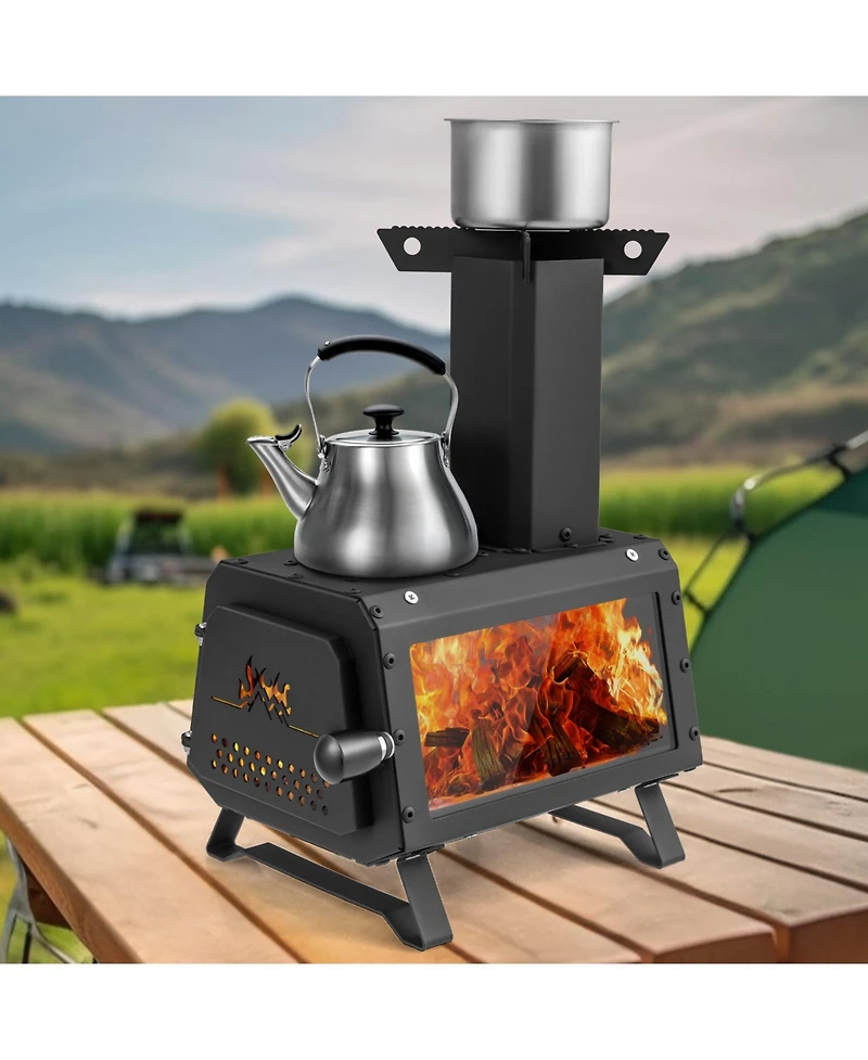 Mecale Patented Portable Wood Camping Burning Stove Heater with 2 Cooking Positions