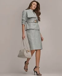 Donna Karan New York Womens Draped Lapel Collar Belted Sequin Detail Jacket Sequin Detail Pencil Midi Skirt Printed Turtle Neck Top