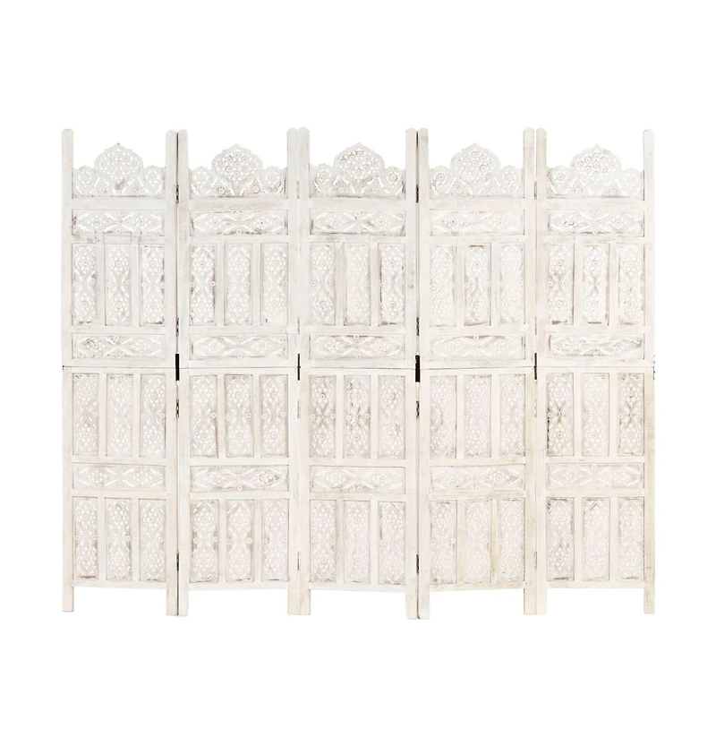 Hand carved 5-Panel Room Divider White 78.7"x65" Solid Mango Wood