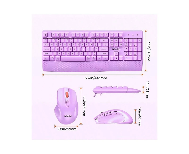 risokeys Wireless Combo, Full-Sized Keyboard with Wrist Rest & 3 Dpi Mouse, 2.4G, Compatible with Pc/Laptop/Computer, Purple
