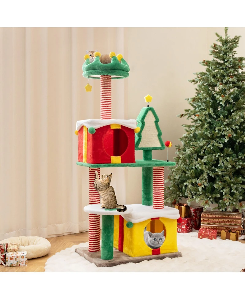 Skonyon 61" Christmas Cat Tree Tower – Plush Multi-Level Indoor Cat Furniture with Gift Box Condos, Hat Perch, Sisal Scratching Posts & Toys