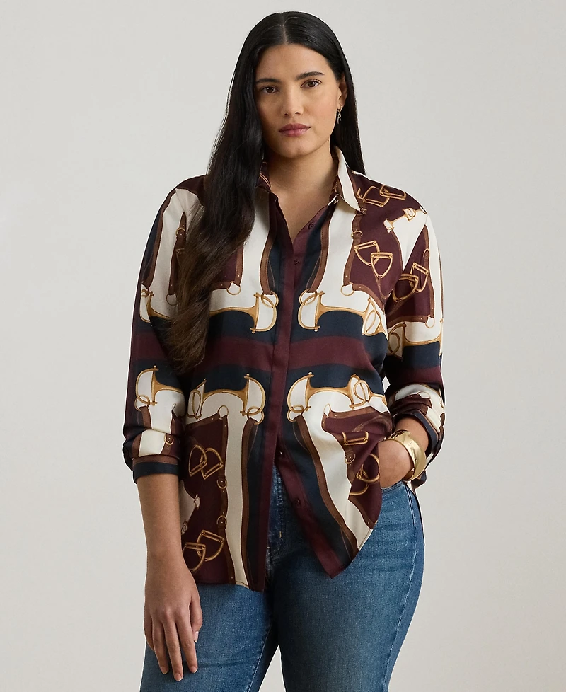 Lauren Ralph Plus Equestrian-Print Twill Long-Sleeve Shirt