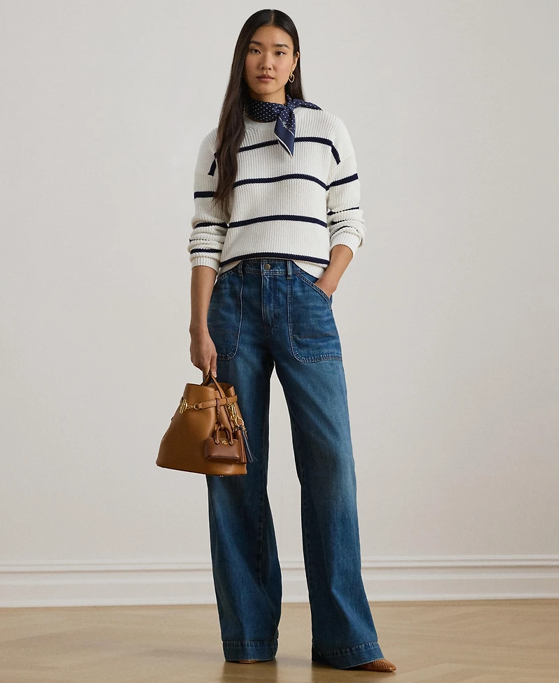 Lauren Ralph Women's Striped Rib-Knit Cotton Crewneck Sweater