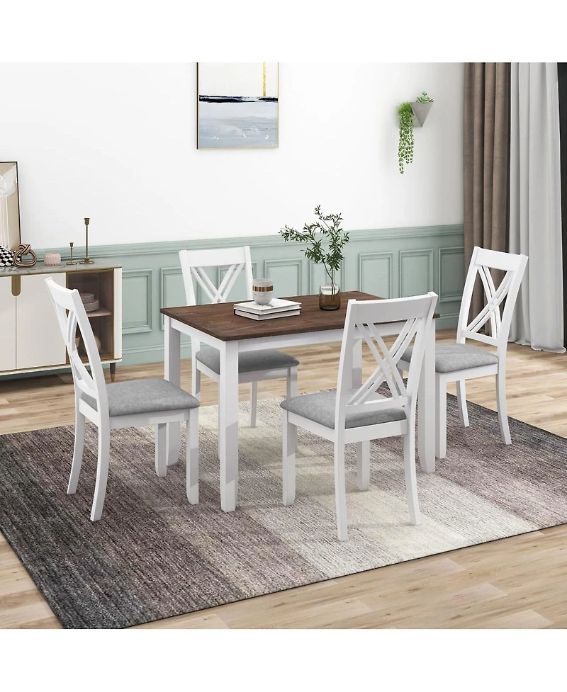 Maison Boucle 5-Piece Rustic Dining Table Set for Small Spaces, Wood Kitchen with 4 X-Back Chairs, White and Walnut Finish