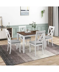 Maison Boucle 5-Piece Rustic Dining Table Set for Small Spaces, Wood Kitchen with 4 X-Back Chairs, White and Walnut Finish
