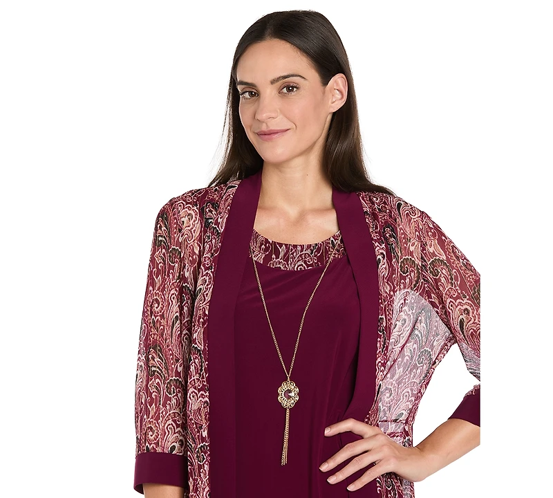 R & M Richards Women's 2-Piece Paisley Printed Jacket with Necklace and Dress