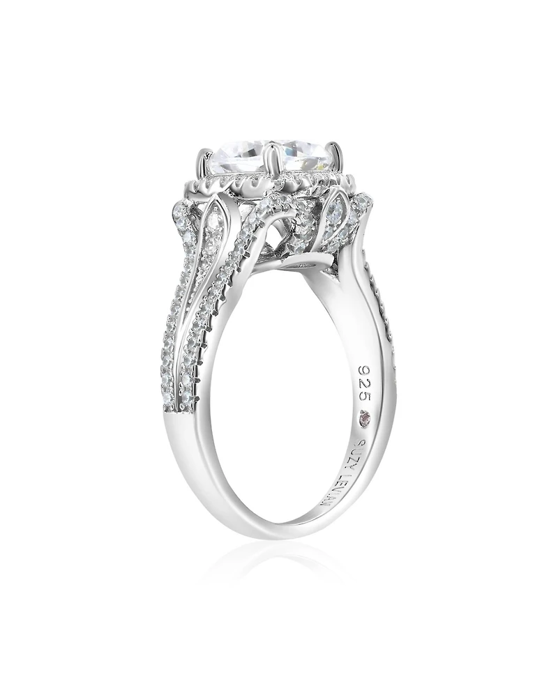 Suzy Levian Sterling Silver Cubic Zirconia Cushion Cut Center Stone Lotus Ring