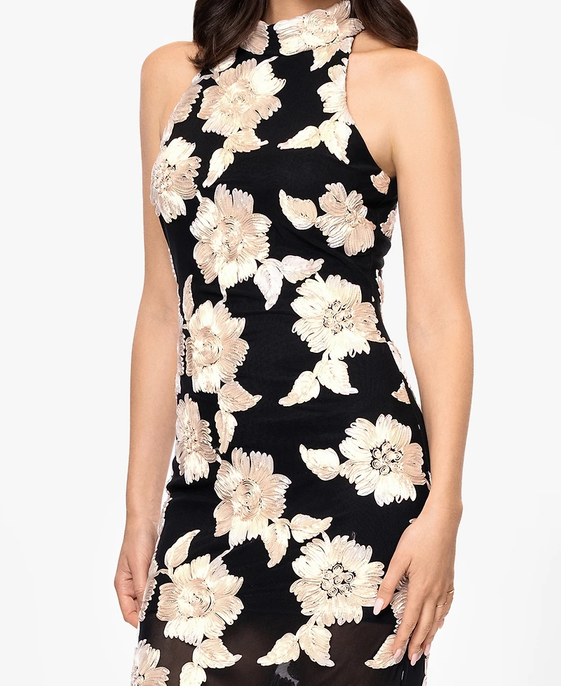 Betsy & Adam Petite 3D Embroidered Flower Sleeveless Long Dress