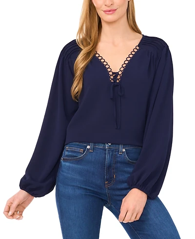 CeCe Women's Circular Trim Pin-Tuck Long Sleeve Blouse