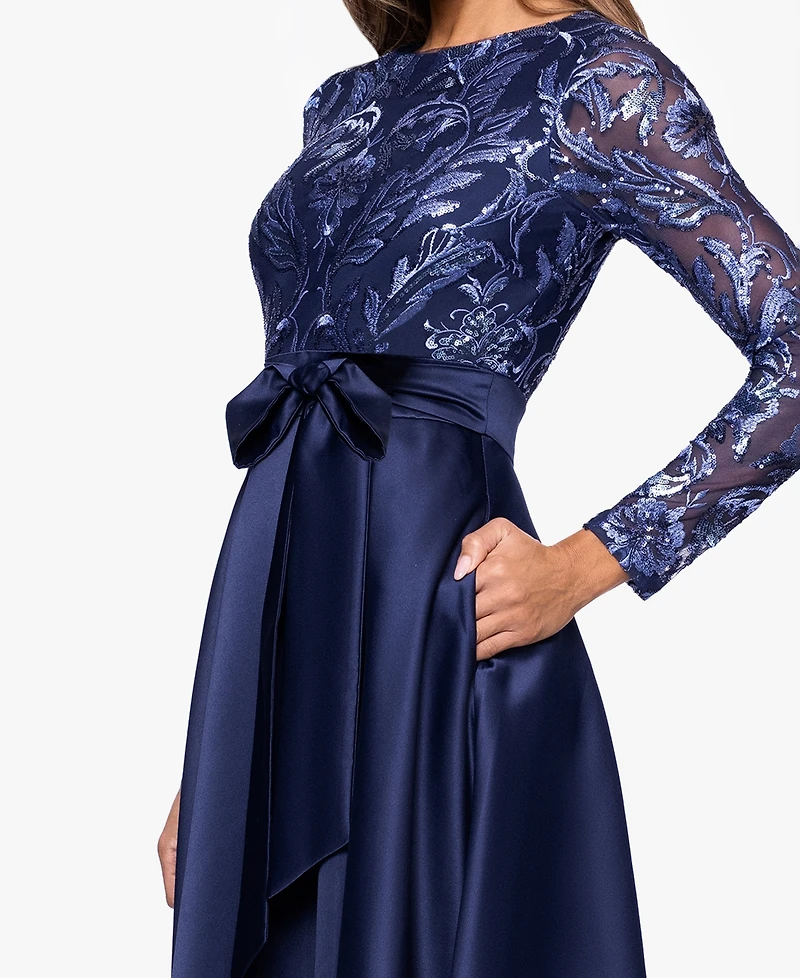 Xscape Women's Boat Neck Sequin Mesh Long Ball Gown