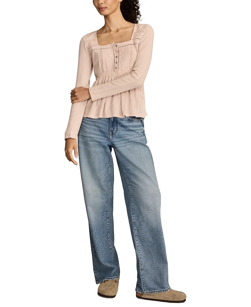 Lucky Brand Women's Embroidered Peplum Long-Sleeve Top