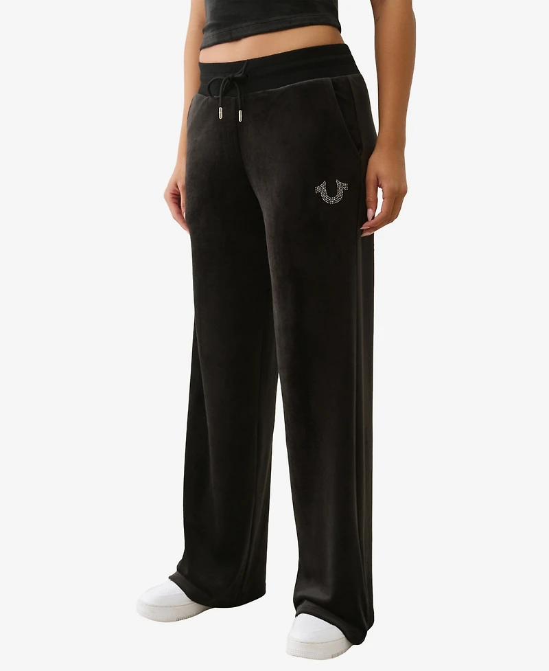 True Religion Women's Crystal Horseshoe Velour Straight Leg Sweatpant
