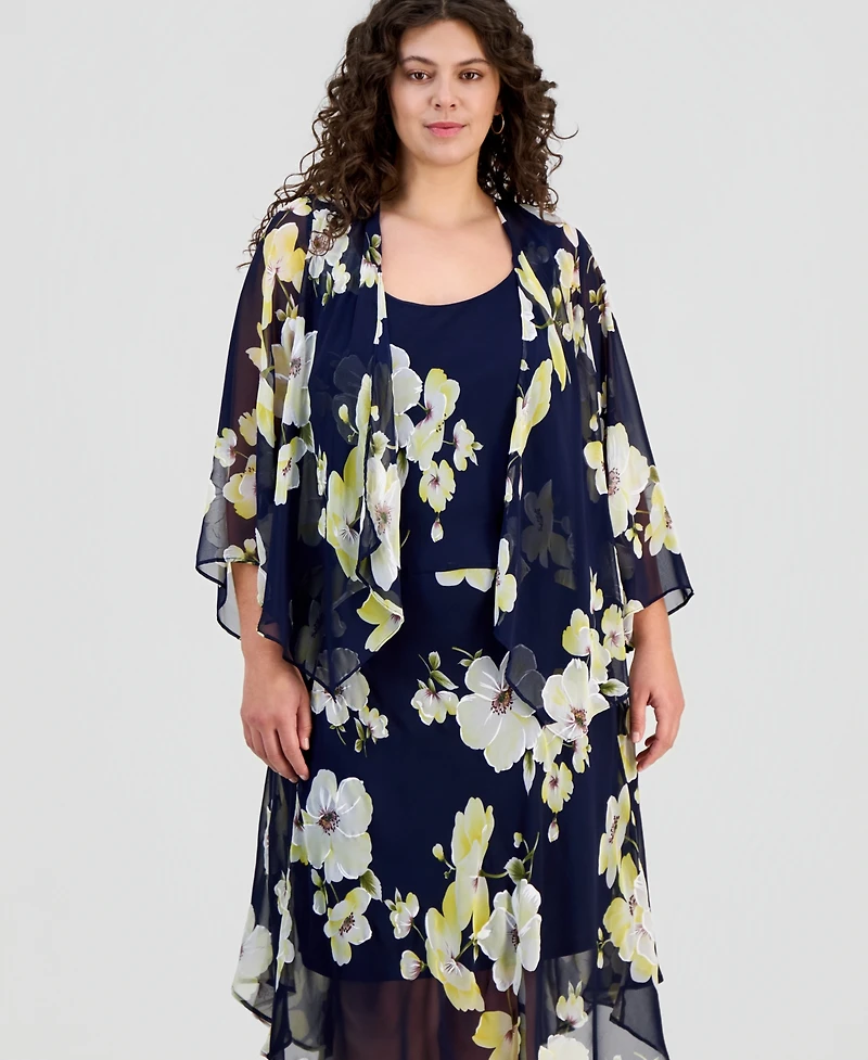 Robbie Bee Plus Floral Print Open-Front Chiffon Jacket Dress
