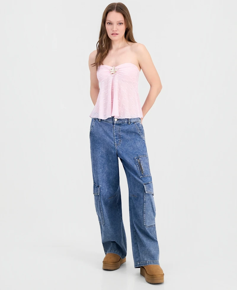 Just Polly Juniors' Textured Strapless Top with Hardware