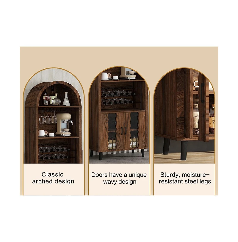 Casainc 71" Farmhouse Arched Bar Cabinet with Wine Rack, Glass Holder, Whiskey Station for Living & Dining Rooms