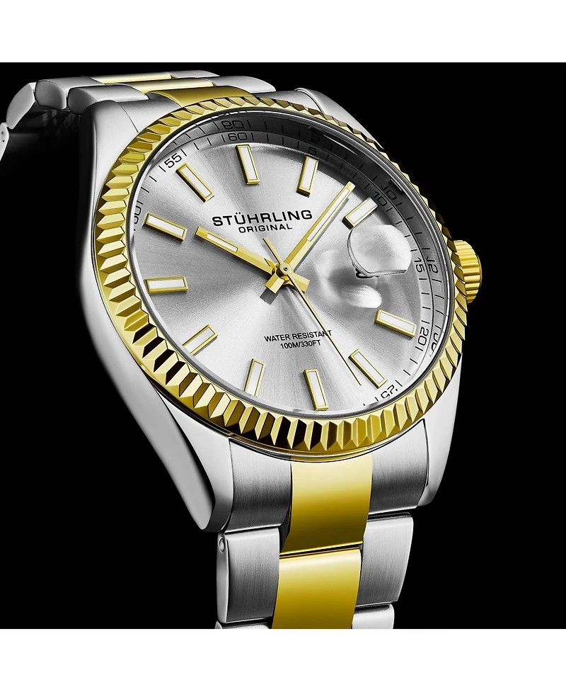 Stuhrling Vanguard 4069 Men s Quartz Watch – 42mm, Silver Dial, Two-Tone Bracelet, Fluted Bezel, Date, 100M Water Resistant