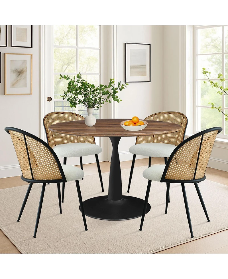 Maison Boucle 5-Piece Round Dining Table Set with Faux Rattan Back Chairs, Walnut Mdf Top and Metal Base, Small Kitchen Table Set for 4