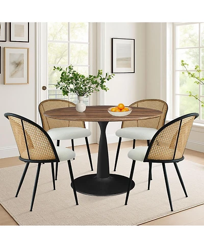 Maison Boucle 5-Piece Round Dining Table Set with Faux Rattan Back Chairs, Walnut Mdf Top and Metal Base, Small Kitchen Table Set for 4