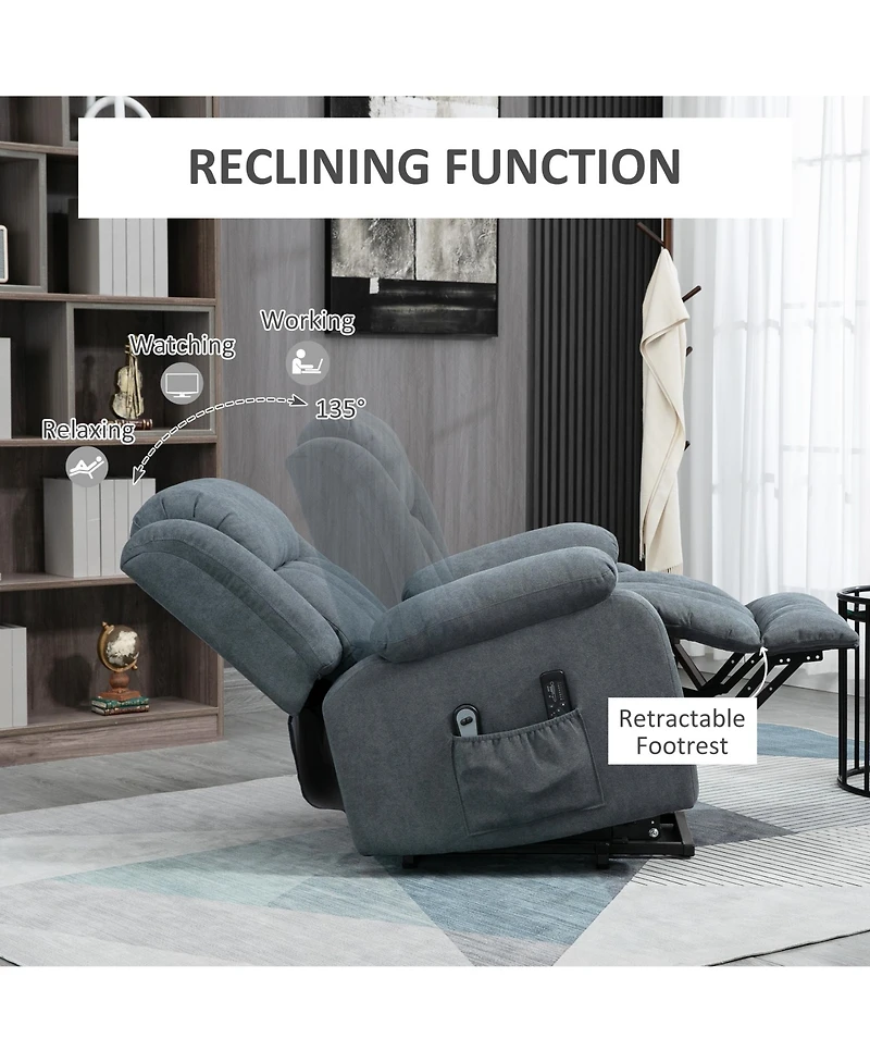 Homcom Power Lift Chair for Elderly Big and Tall with Massage, Linen Fabric Upholstered Recliner Sofa Chair with Remote Control, Side Pockets, Grey