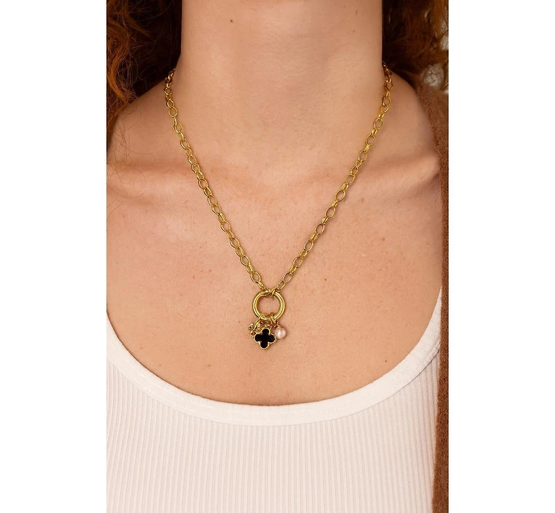 Rivka Friedman Polished Link Onyx + Pearl Charm Necklace