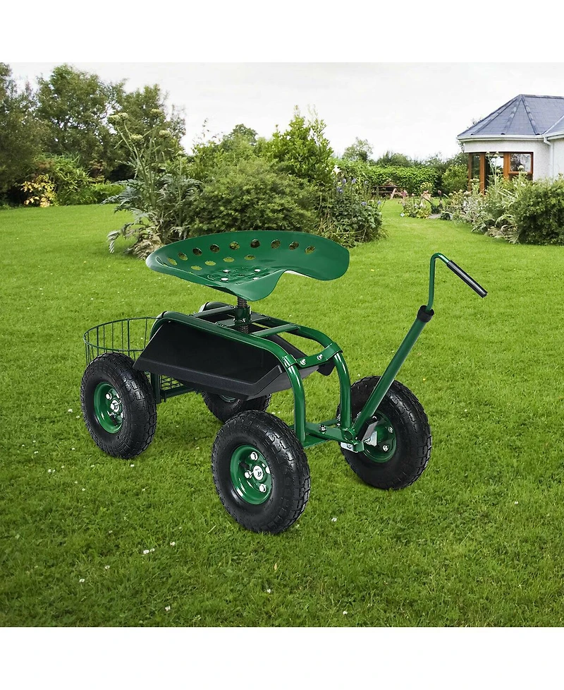 Sugift Extendable Handle Garden Cart Rolling Wagon Scooter-Green