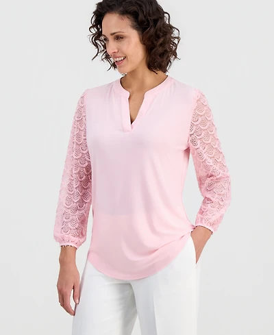 Kasper Petite Lace-Sleeve Split-Neck Tunic