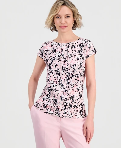 Kasper Women's Floral Pleat-Front Cap-Sleeve Top