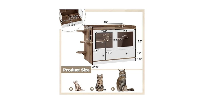 Aostirmotor Cat Litter Box Cabinet with Drawer and Stairs Brown White