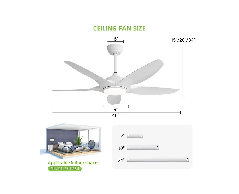 Sofucor 48-inch Matte White 5-Blade Ceiling Fan with Six Speed Remote Control and Forward Reverse Function for Indoor Use