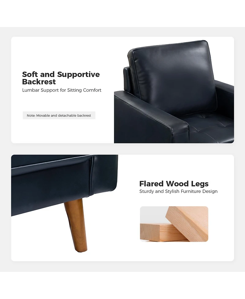 Mid-century Modern Elizabeth Genuine Leather Armchair with Wood Flared Legs