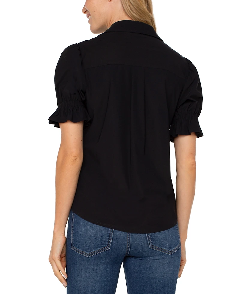Liverpool Los Angeles Women's Elbow Puff Sleeve Snap Front Collar Top