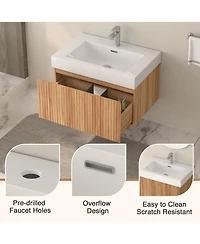 Boyel Living 30" Bathroom Vanity – Wall-Mount Floating Cabinet, Acacia Plywood Finish, Integrated Sink & Basin
