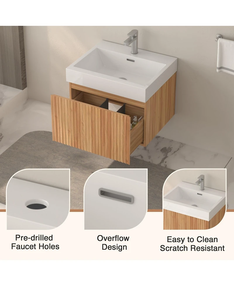 Boyel Living Bathroom Vanity – Wall-Mount, Floating Cabinet, Acacia Finish, Sink & Basin, Plywood Build