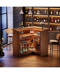 Tribesigns L-Shaped Kitchen Island, with Storage Shelves & Wine Glass Holder, Brown