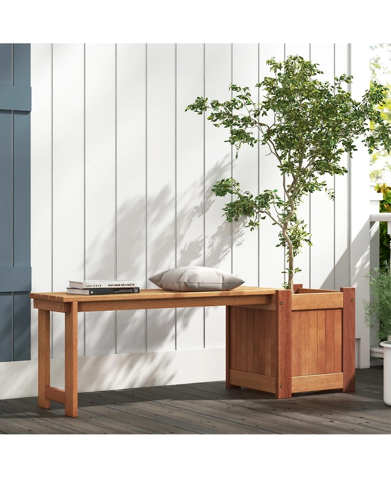 Sugift Teak Oil Finish Raised Garden Bed Wood Planter Box with Bench