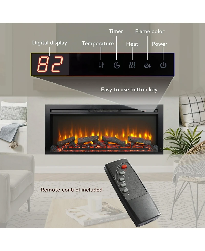Flynama 44 inch wall recessed electric fireplace with remote and Imitation Flame , Led light heater