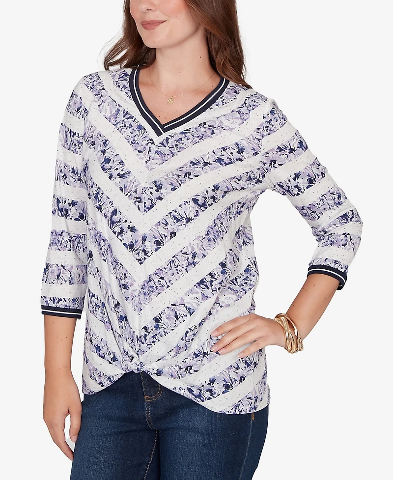 Ruby Rd. Petite Floral Stripe Twist Front Knit Top