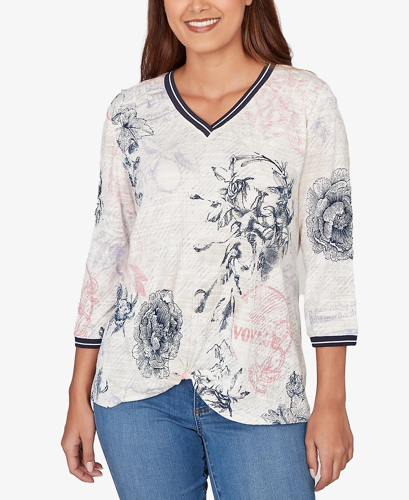 Ruby Rd. Petite Botanical Stamp Knit Twist Front Top