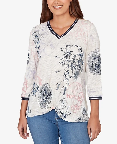 Ruby Rd. Petite Botanical Stamp Knit Twist Front Top